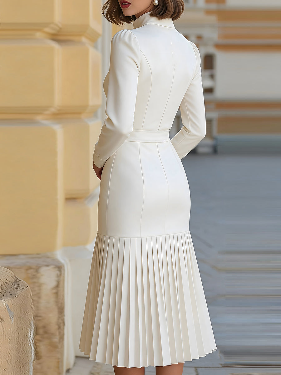 Robe Midi Plissée à Manches Longues Blanche (avec ceinture)