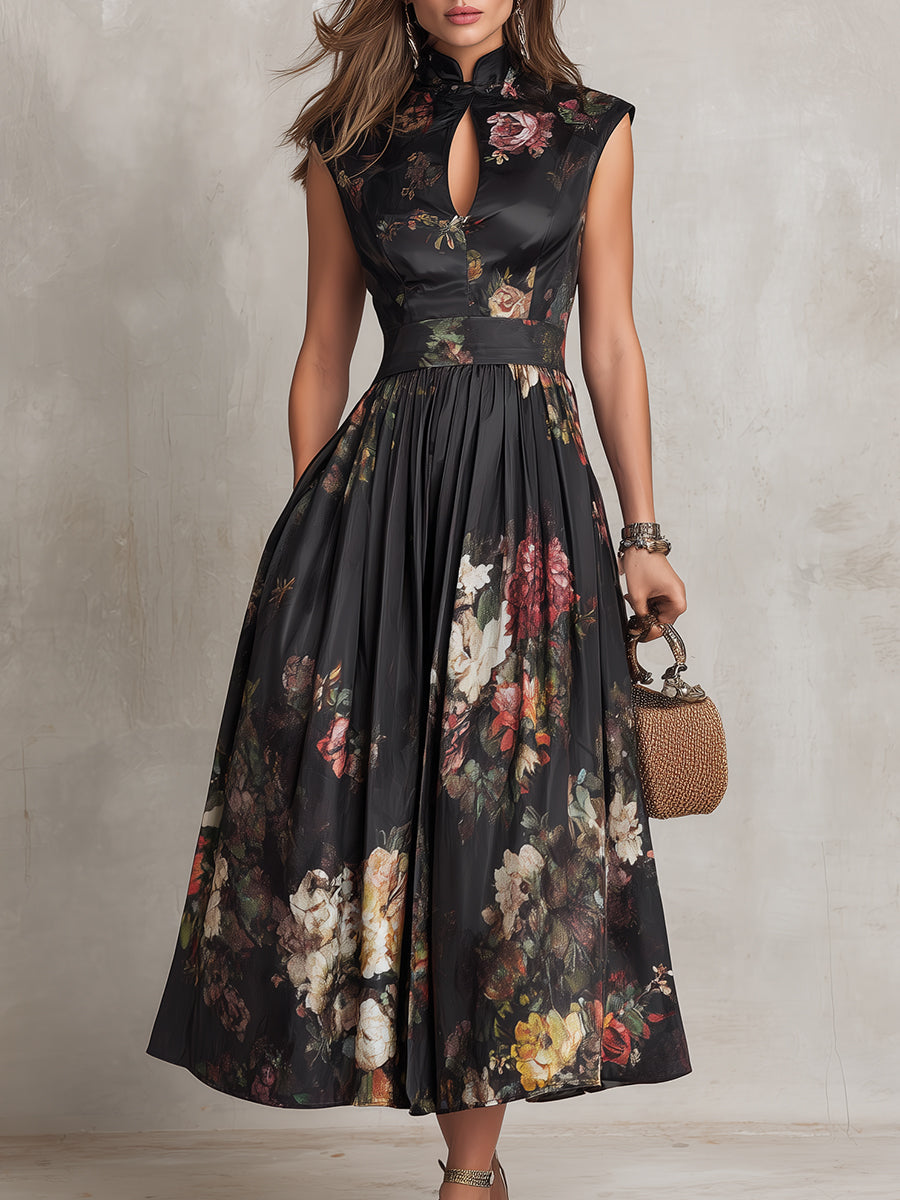 Robe Midi Satinée Plissée à Col Keyhole Noir