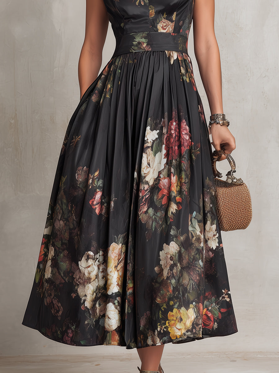 Robe Midi Satinée Plissée à Col Keyhole Noir