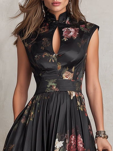 Robe Midi Satinée Plissée à Col Keyhole Noir