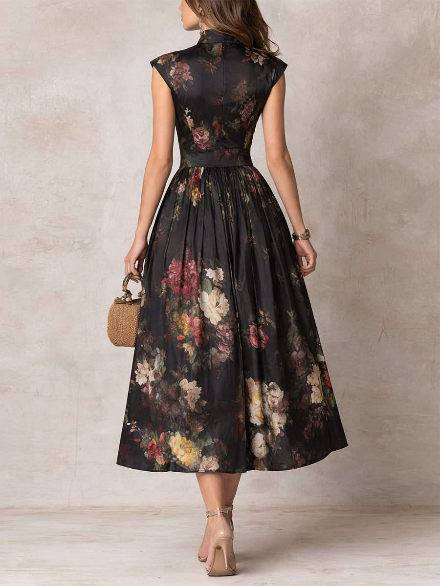 Robe Midi Satinée Plissée à Col Keyhole Noir