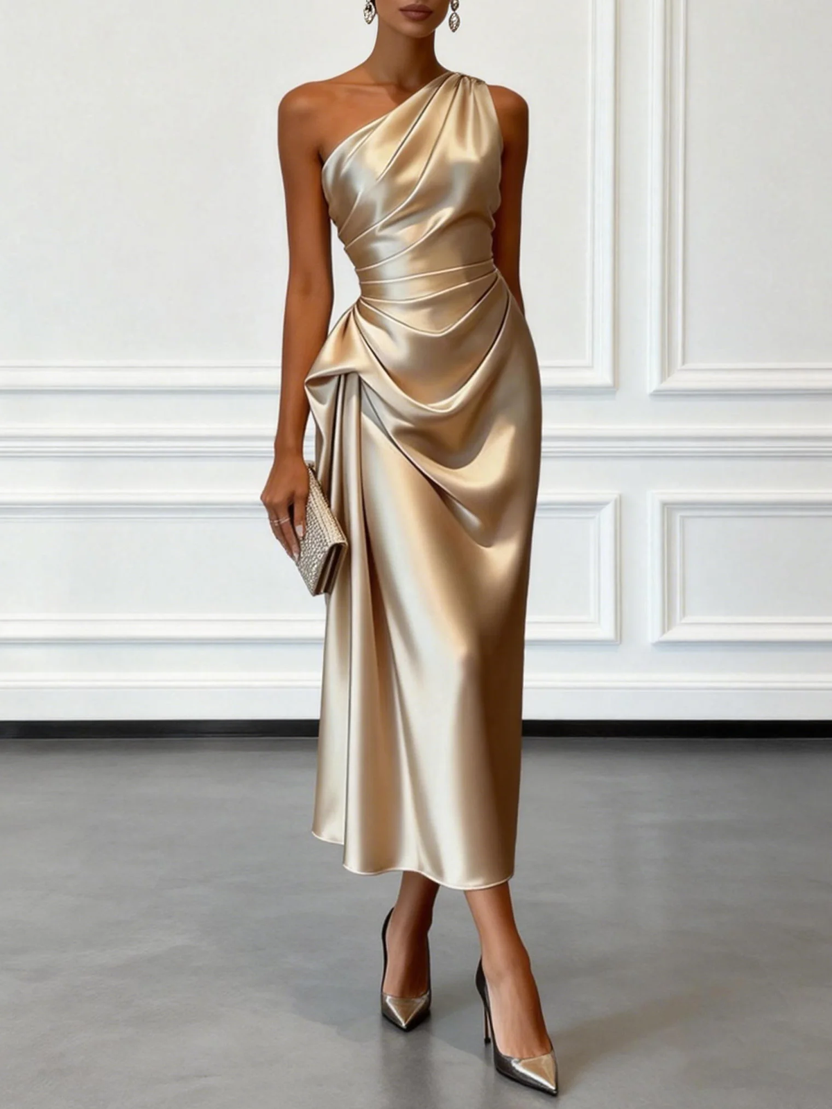 Robe Midi Froncée Sans Manches en Satin Champagne à Épaule Unique
