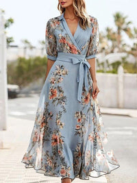 Robe Midi à Imprimé Floral avec Col en V, Manches Courtes et Ceinture