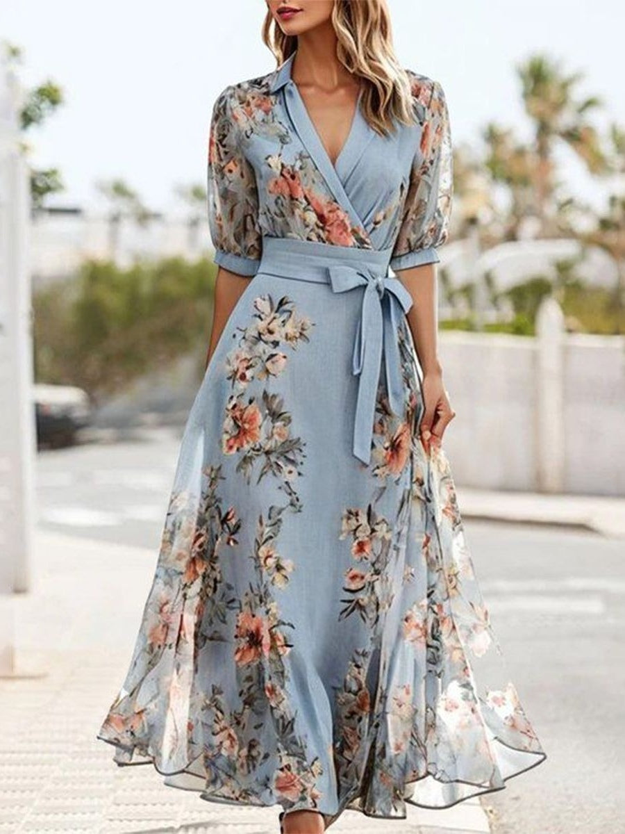 Robe Midi à Imprimé Floral avec Col en V, Manches Courtes et Ceinture