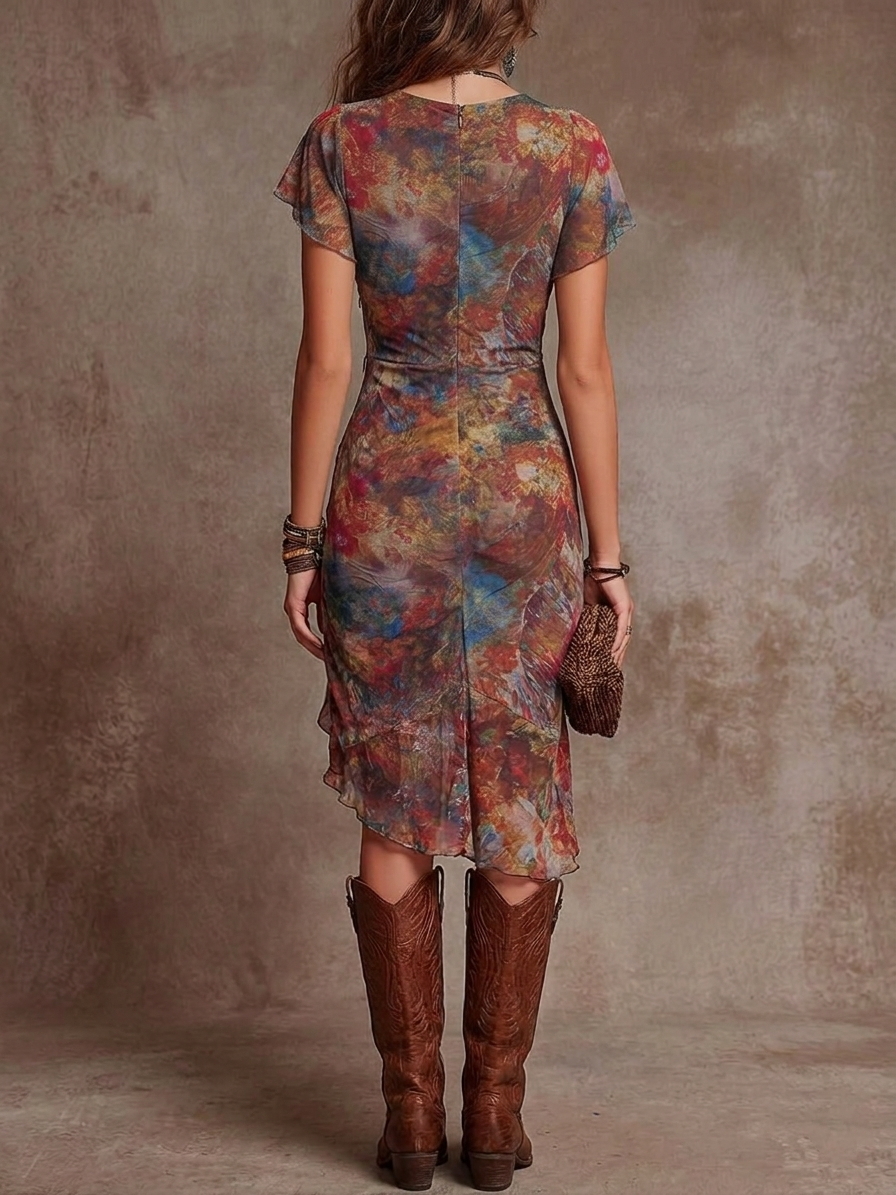 Robe Midi Plissée V-cou Imprimé Abstrait Bohémien