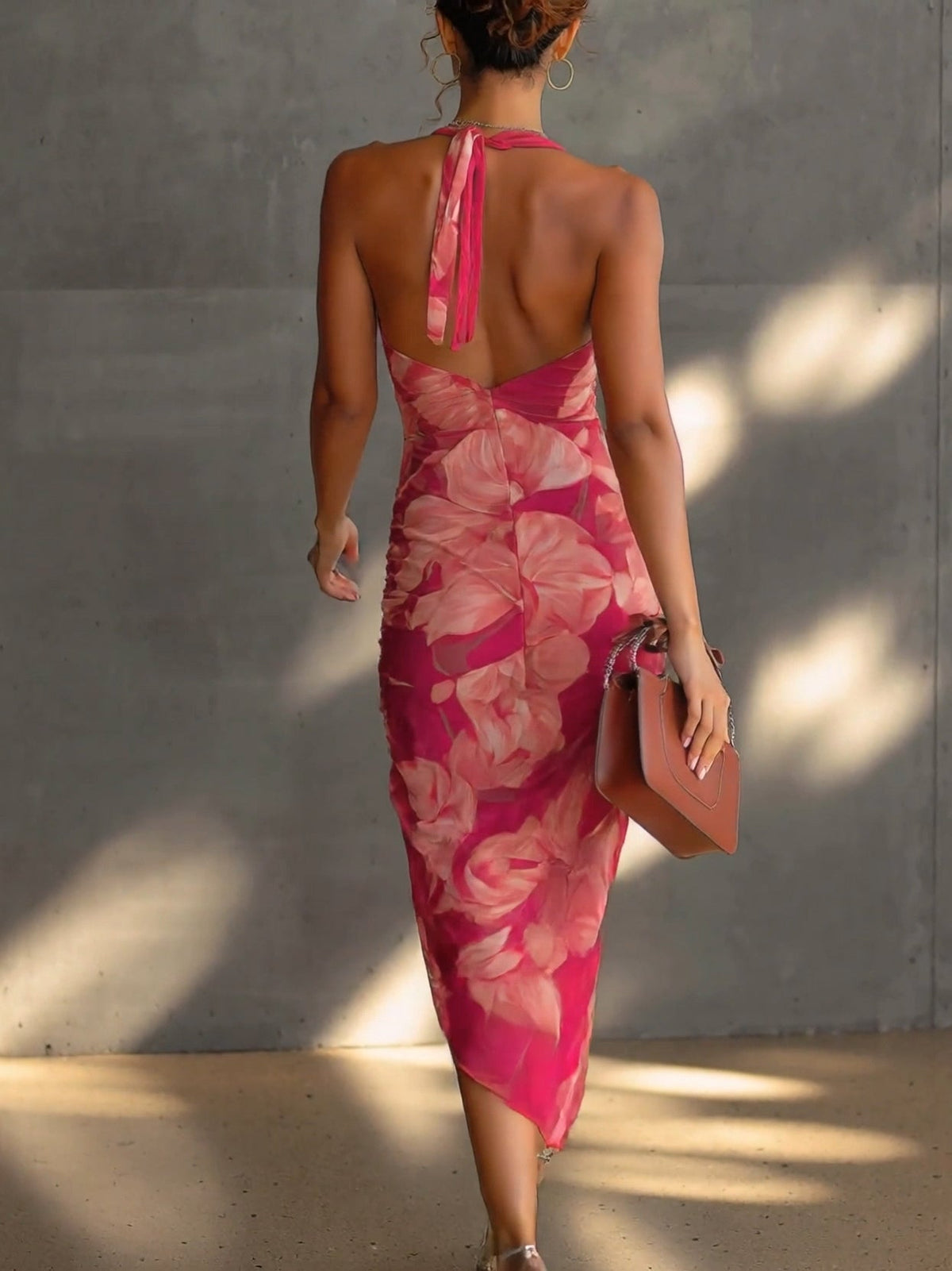 Robe Bodycon Fuchsia à Imprimé Floral Sans Manches avec Fente et Fronces