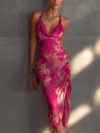 Robe Bodycon Fuchsia à Imprimé Floral Sans Manches avec Fente et Fronces