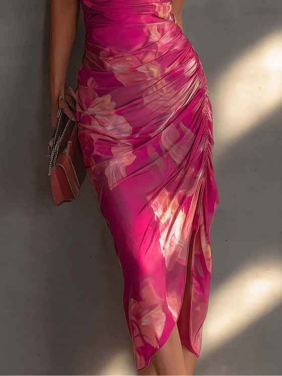 Robe Bodycon Fuchsia à Imprimé Floral Sans Manches avec Fente et Fronces