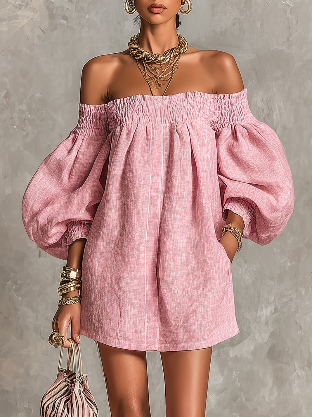 Whitney | Robe Mini à Manches Lanternes Décolletée