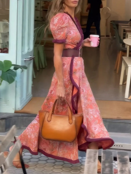 Robe Maxi à Imprimé Floral Rose Élégante à Manches Courtes