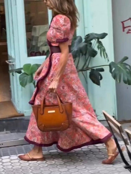 Robe Maxi à Imprimé Floral Rose Élégante à Manches Courtes
