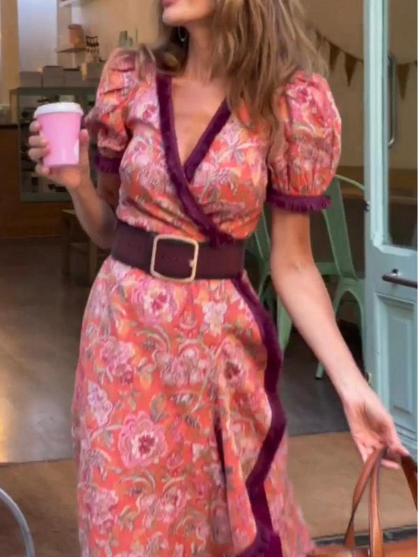 Robe Maxi à Imprimé Floral Rose Élégante à Manches Courtes