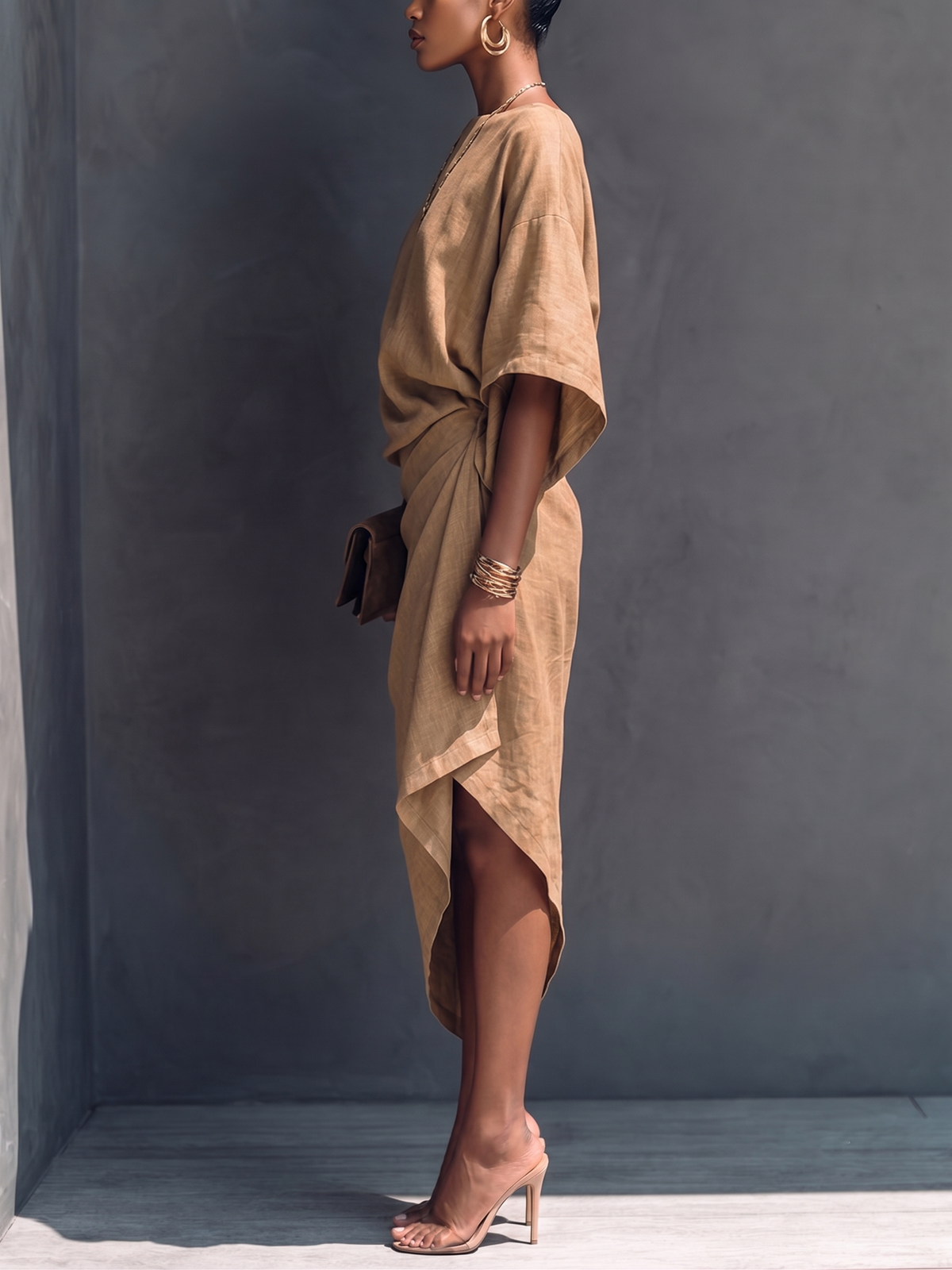 Robe Midi Drapée Asymétrique Khaki à Manches Courtes