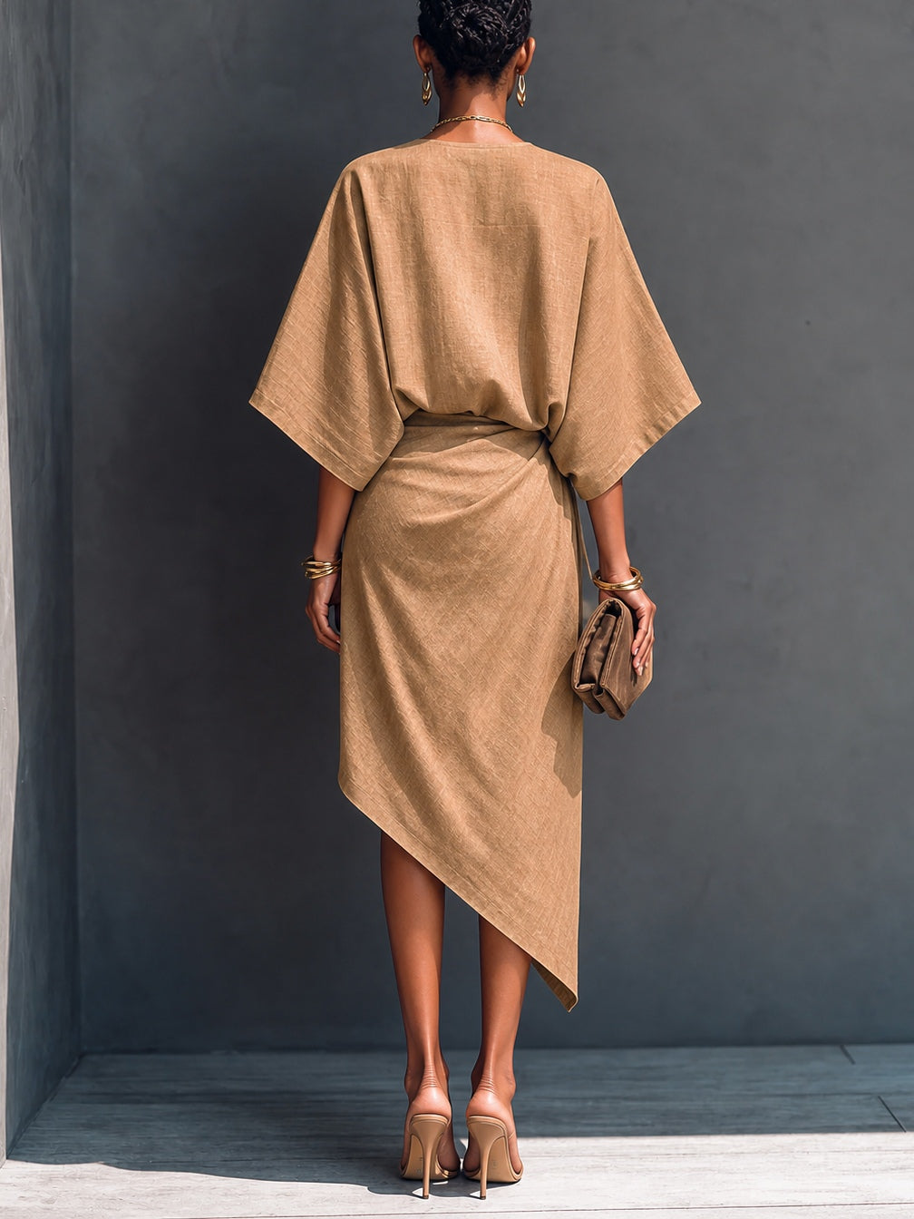 Robe Midi Drapée Asymétrique Khaki à Manches Courtes
