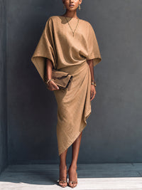 Robe Midi Drapée Asymétrique Khaki à Manches Courtes