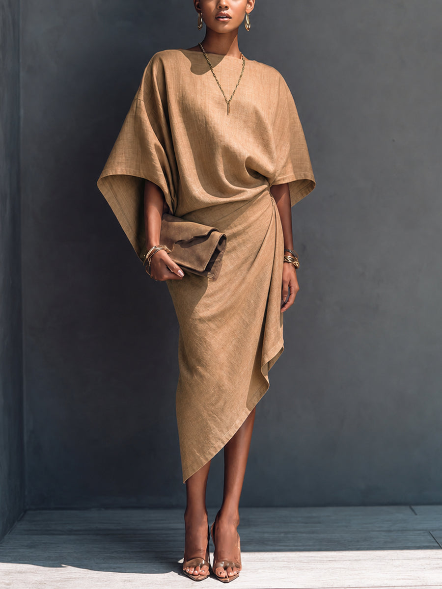 Robe Midi Drapée Asymétrique Khaki à Manches Courtes