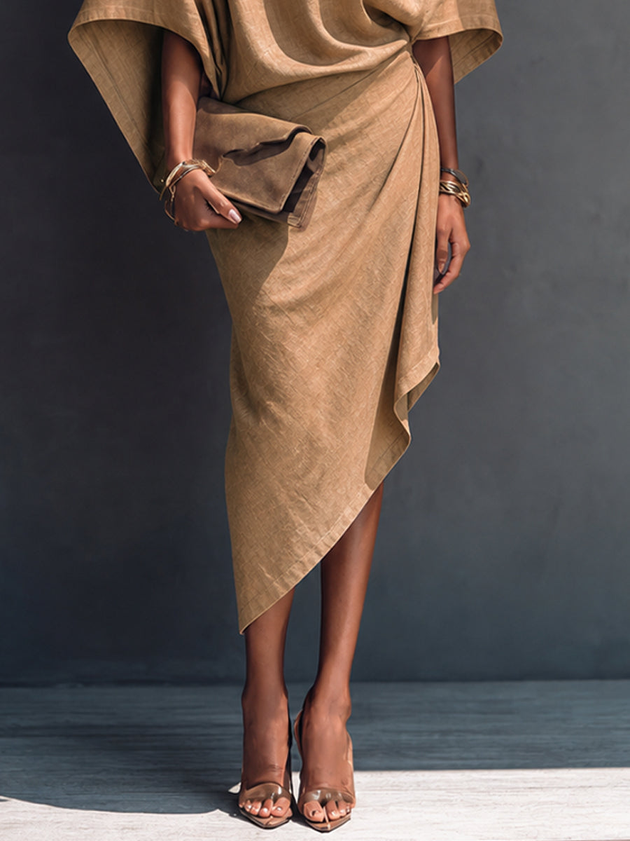 Robe Midi Drapée Asymétrique Khaki à Manches Courtes