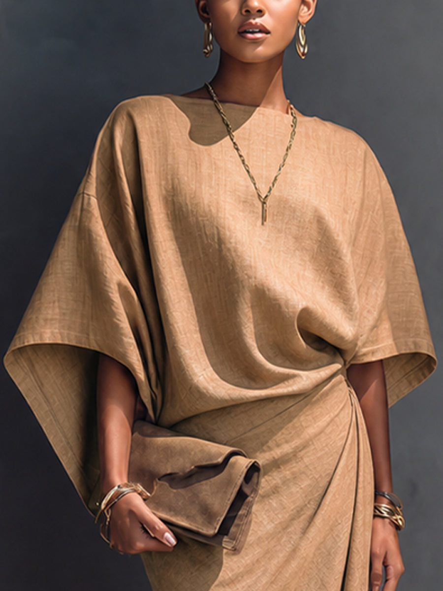 Robe Midi Drapée Asymétrique Khaki à Manches Courtes