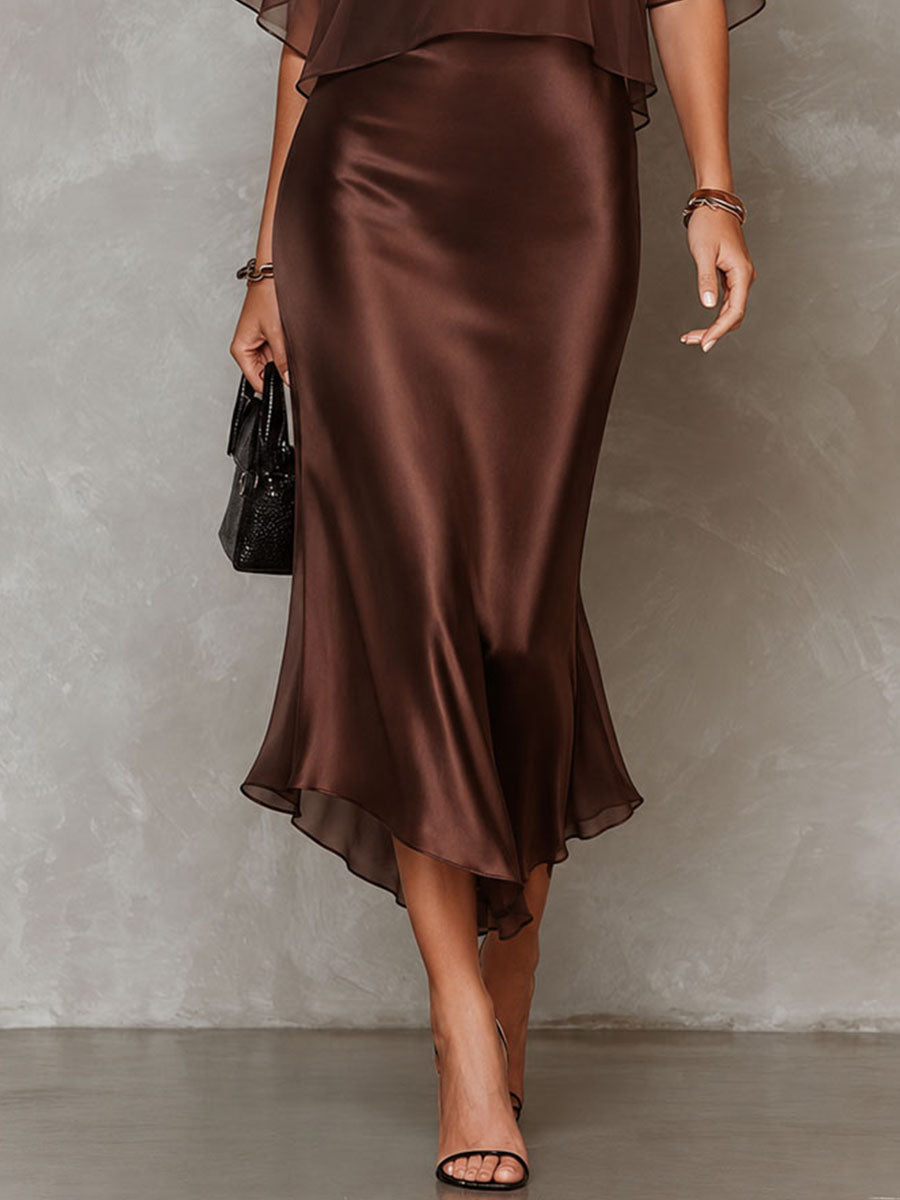 Blouse en Chiffon Brun et Robe Midi Satinée Ensemble Deux Pièces