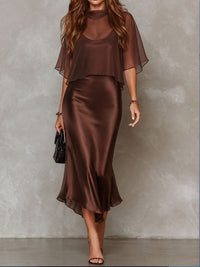 Blouse en Chiffon Brun et Robe Midi Satinée Ensemble Deux Pièces