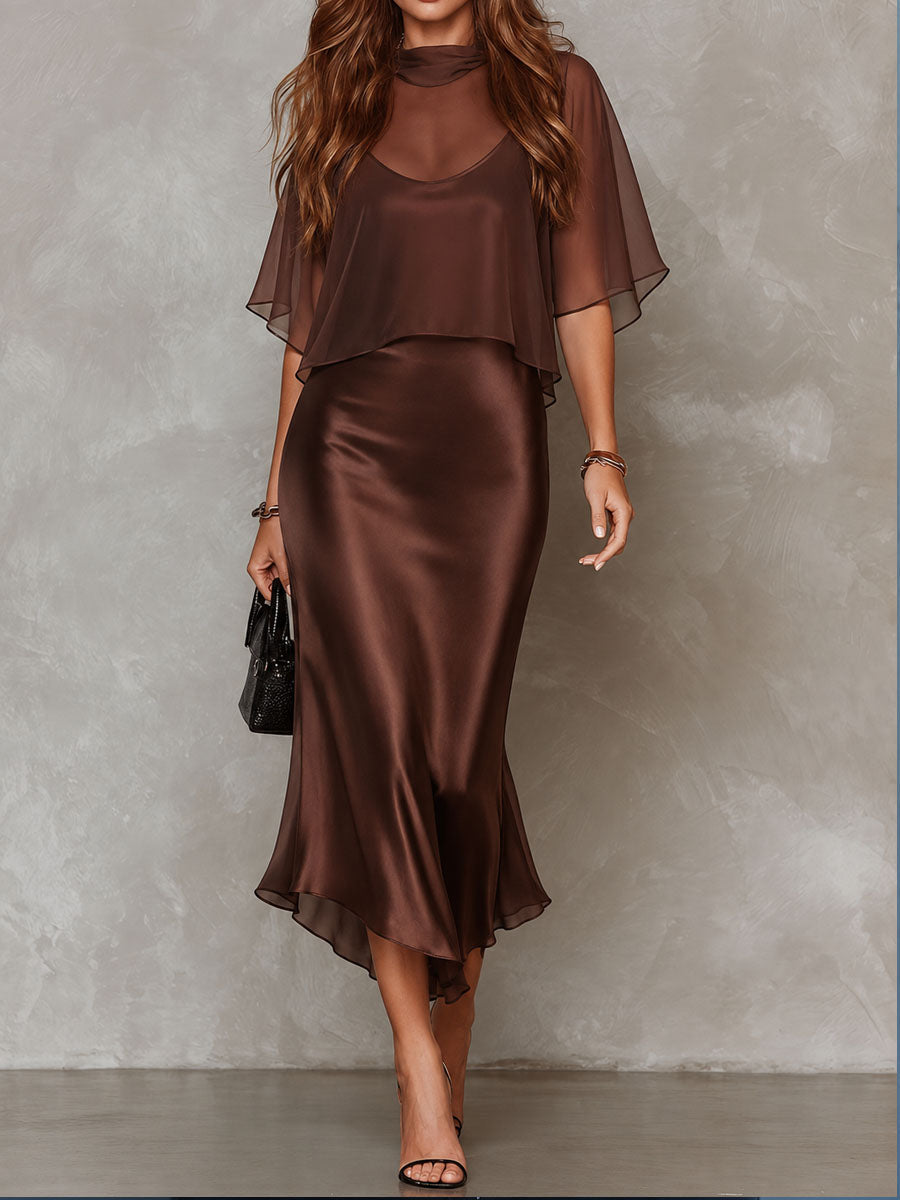 Blouse en Chiffon Brun et Robe Midi Satinée Ensemble Deux Pièces