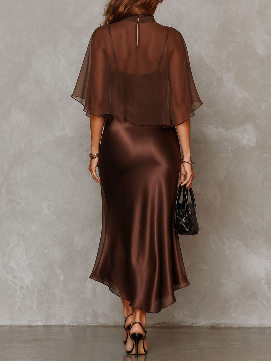 Blouse en Chiffon Brun et Robe Midi Satinée Ensemble Deux Pièces