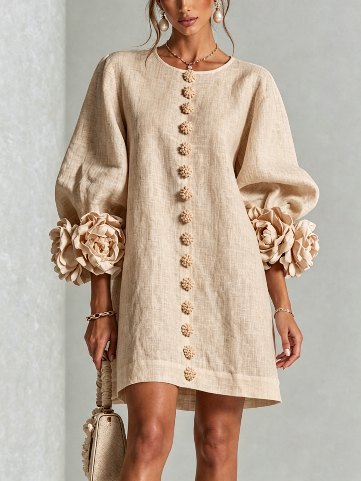 Susanna | Robe Mini à Manches Florales et Boutons à l'Avant
