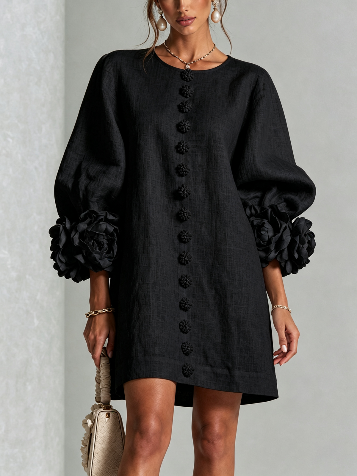 Susanna | Robe Mini à Manches Florales et Boutons à l'Avant