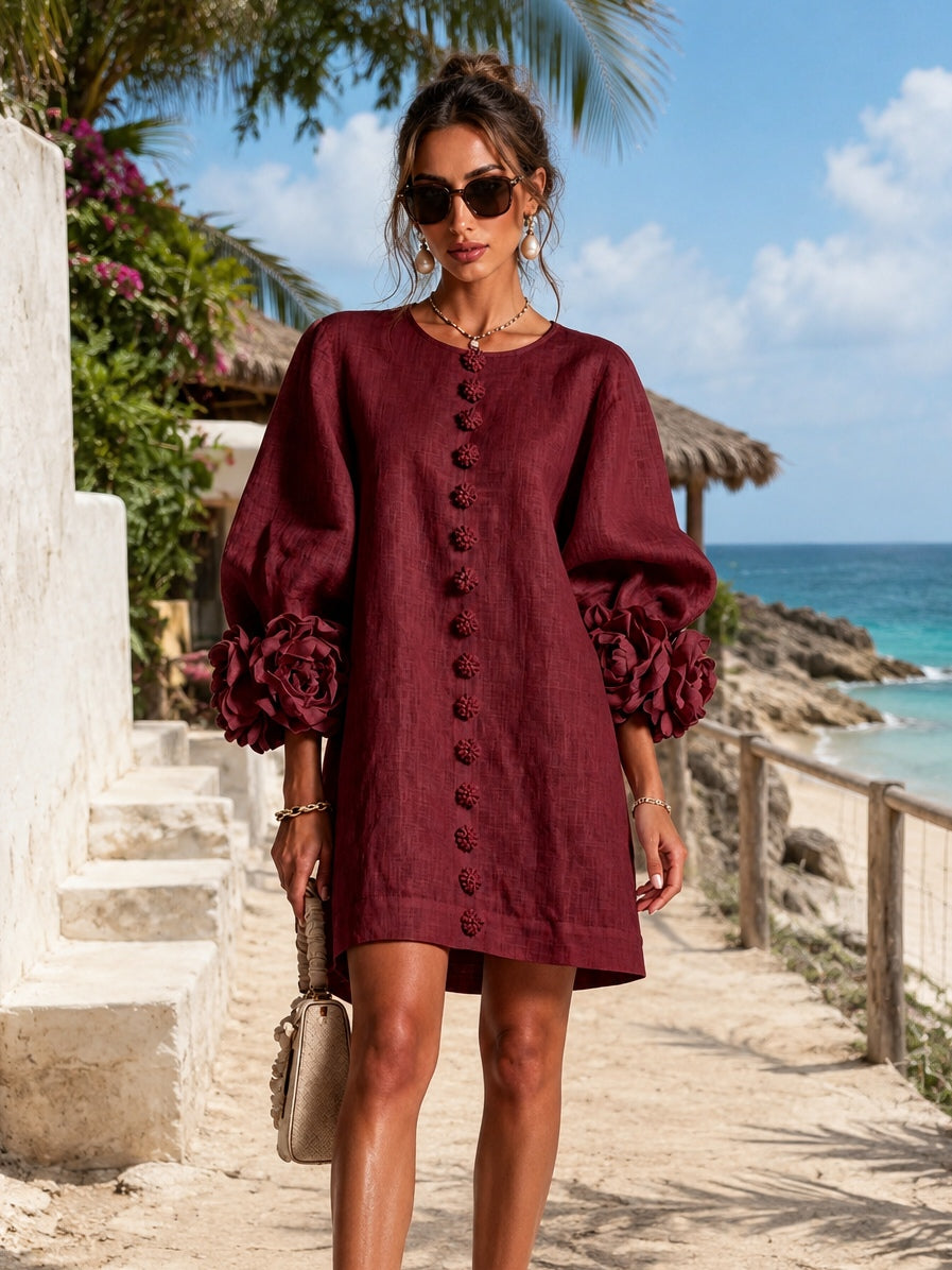 Camélia | Robe Mini à Manches en Rose