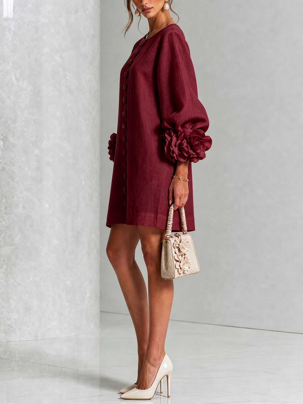 Camélia | Robe Mini à Manches en Rose