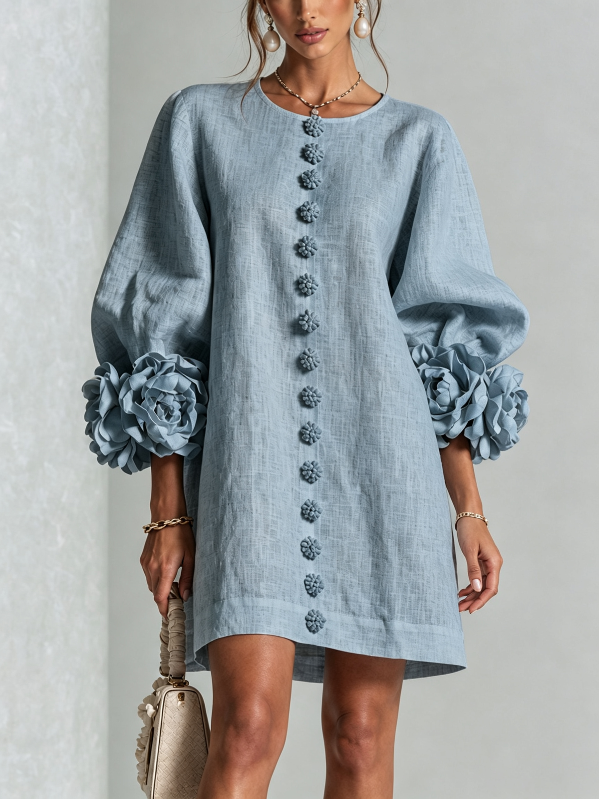 Susanna | Robe Mini à Manches Florales et Boutons à l'Avant