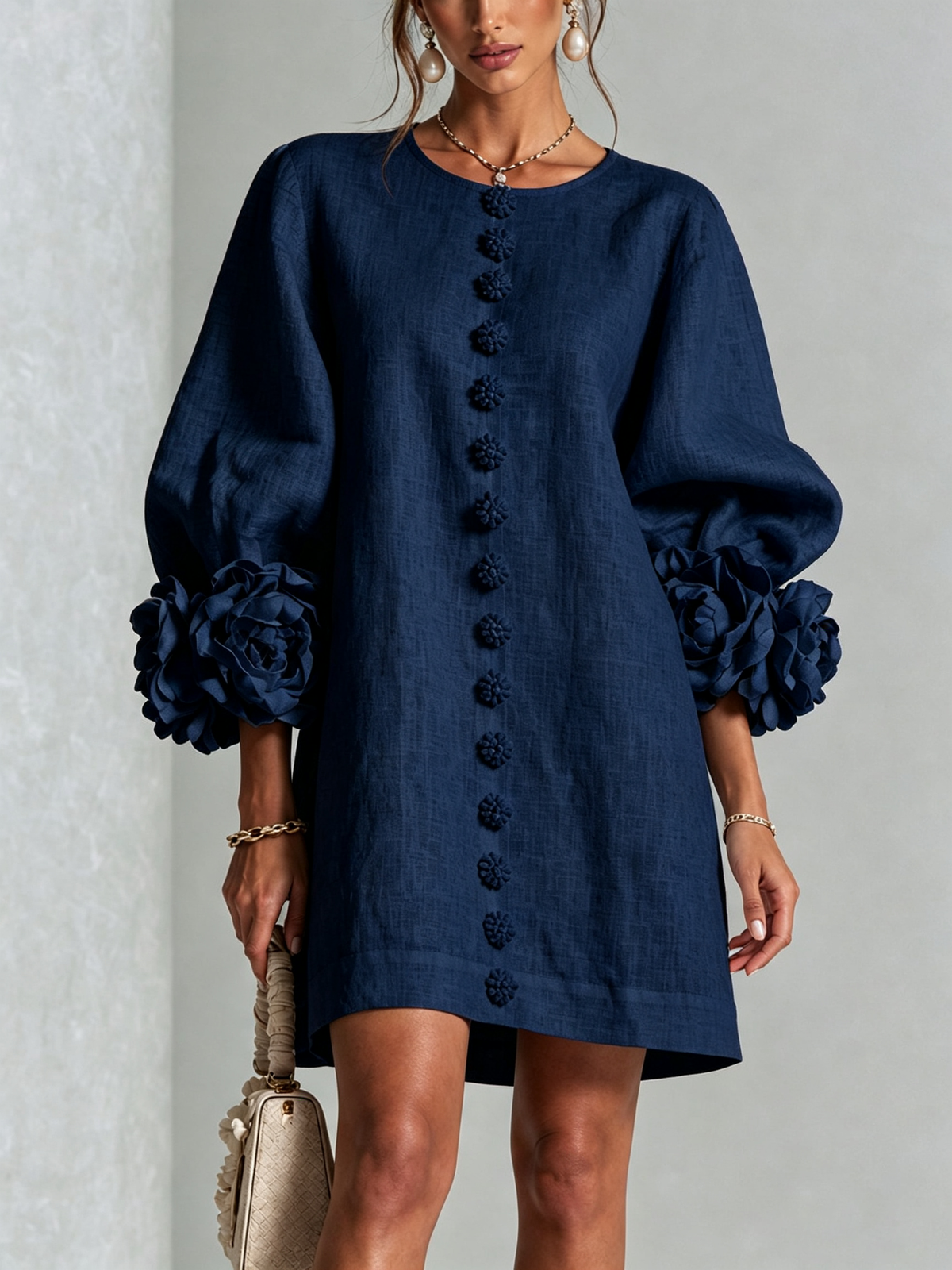 Susanna | Robe Mini à Manches Florales et Boutons à l'Avant