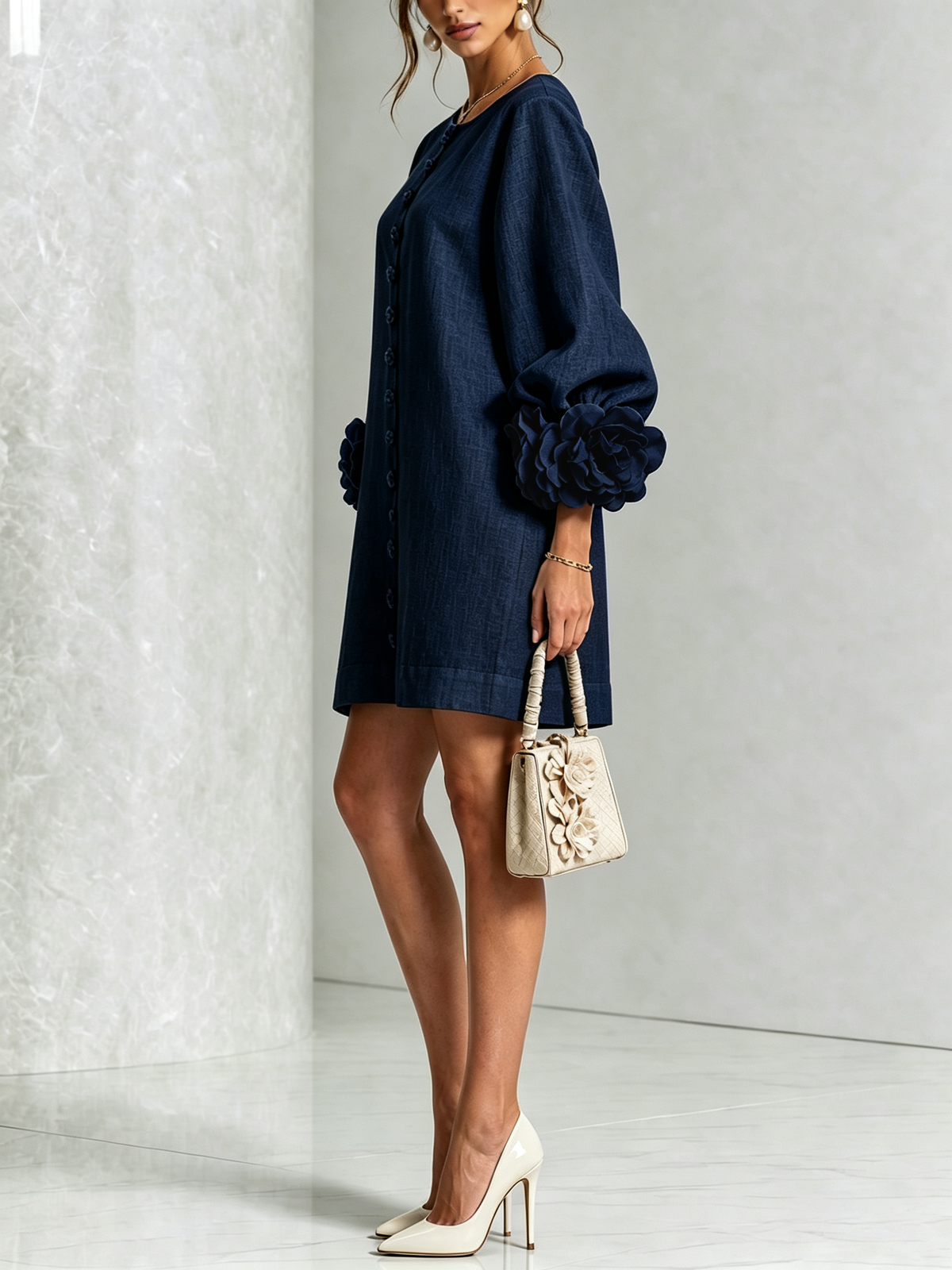 Susanna | Robe Mini à Manches Florales et Boutons à l'Avant