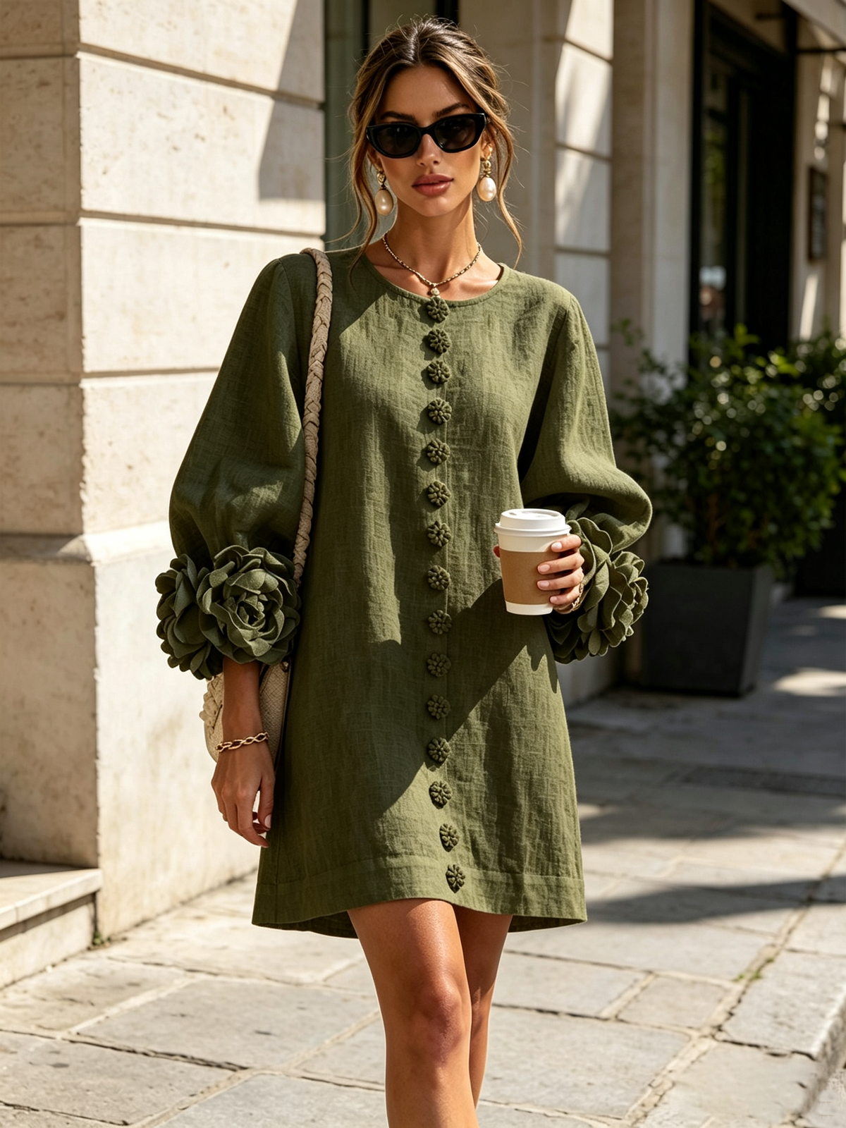 Susanna | Robe Mini à Manches Florales et Boutons à l'Avant