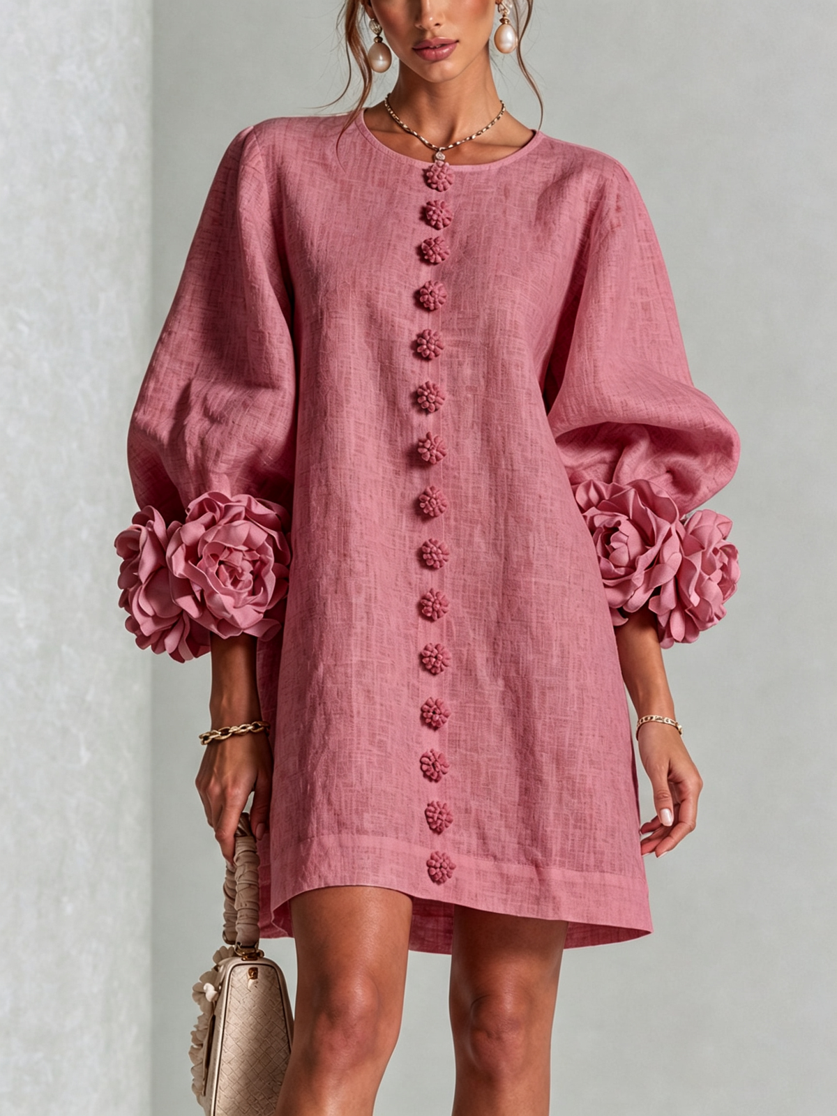 Susanna | Robe Mini à Manches Florales et Boutons à l'Avant