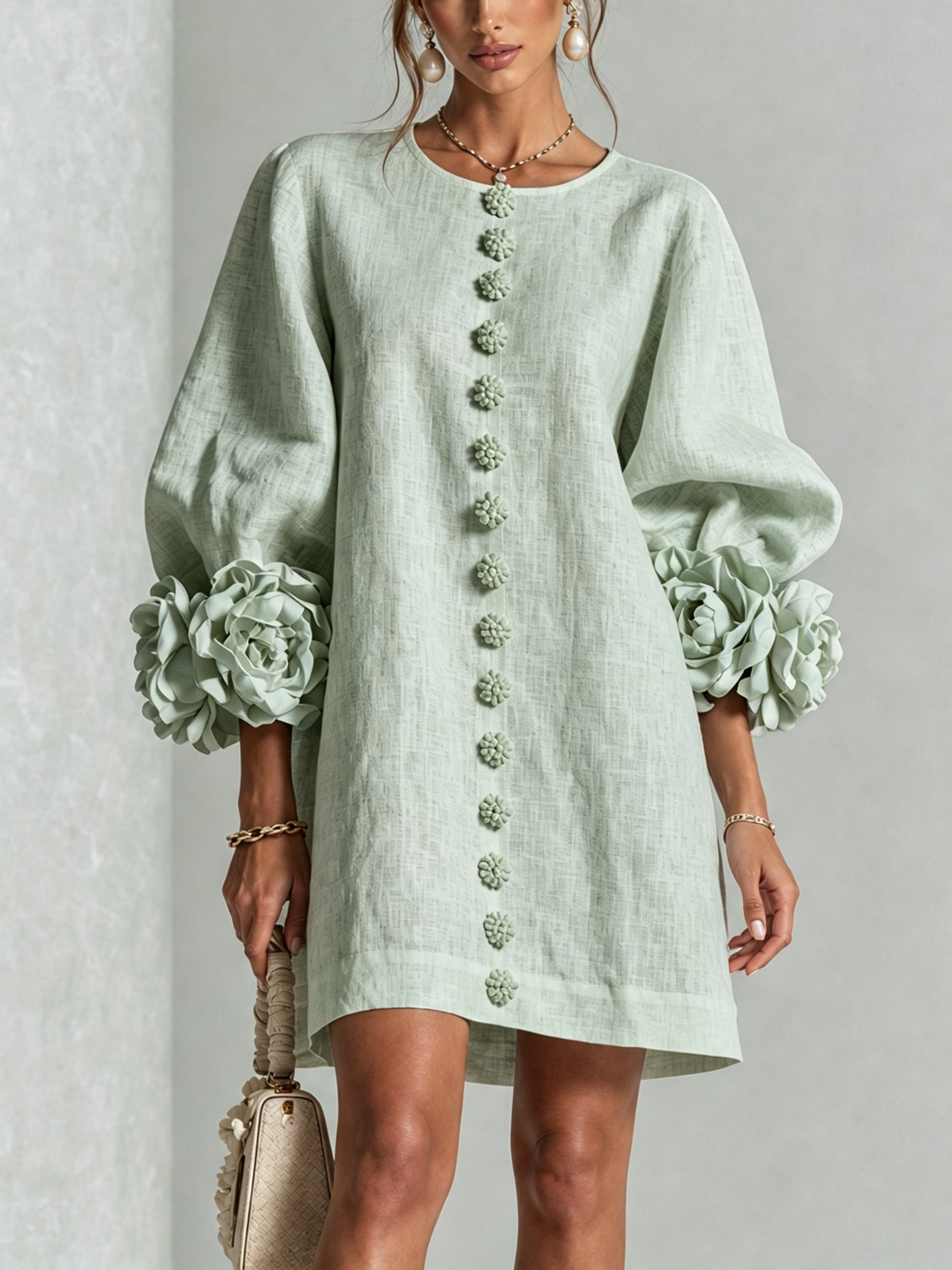 Susanna | Robe Mini à Manches Florales et Boutons à l'Avant