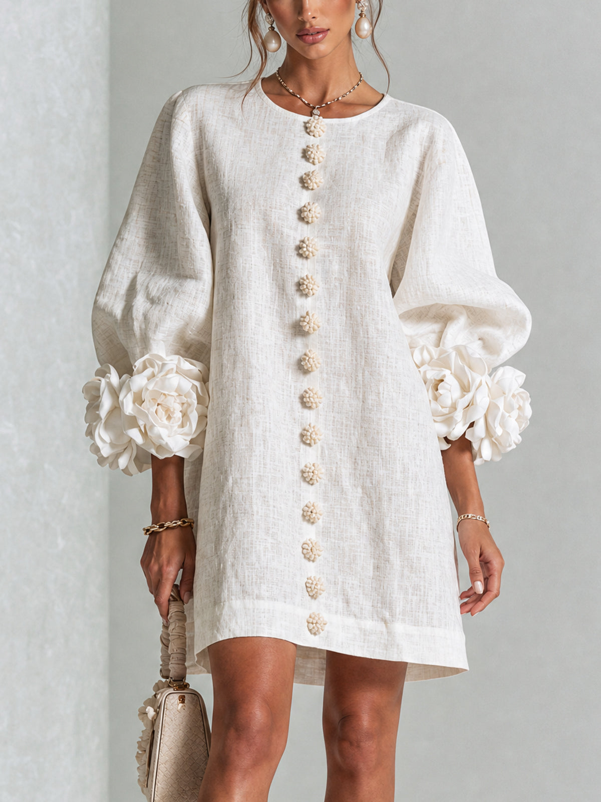 Susanna | Robe Mini à Manches Florales et Boutons à l'Avant