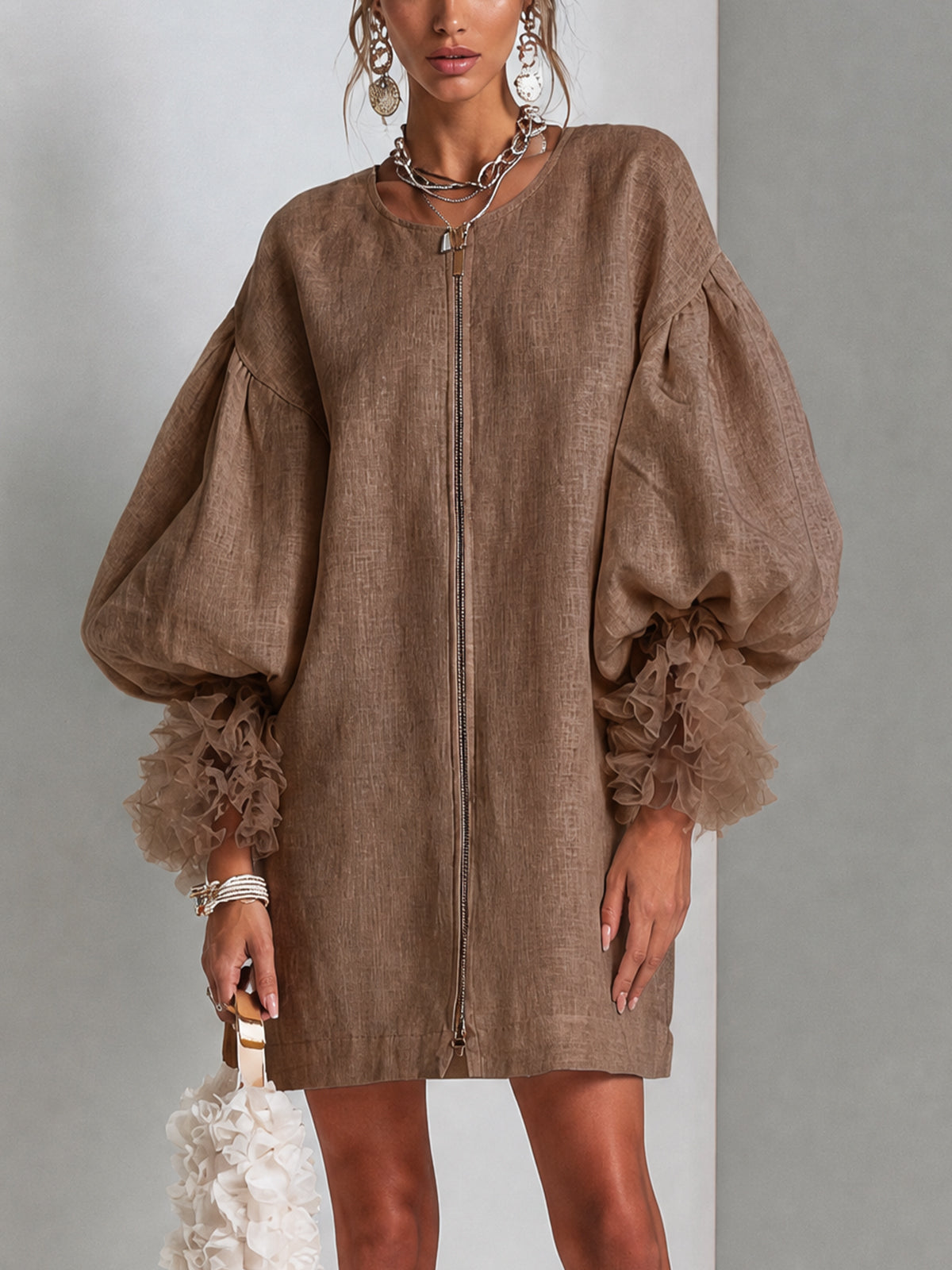 Flora | Robe Mini à Manches Bouffantes et Fermeture Éclair