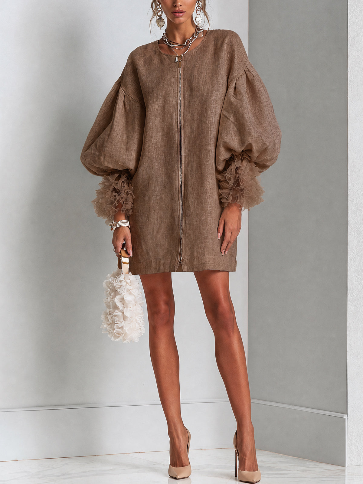 Flora | Robe Mini à Manches Bouffantes et Fermeture Éclair