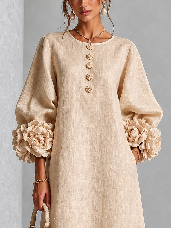 Robe Midi Beige à Fleurs avec Manches Étonnantes