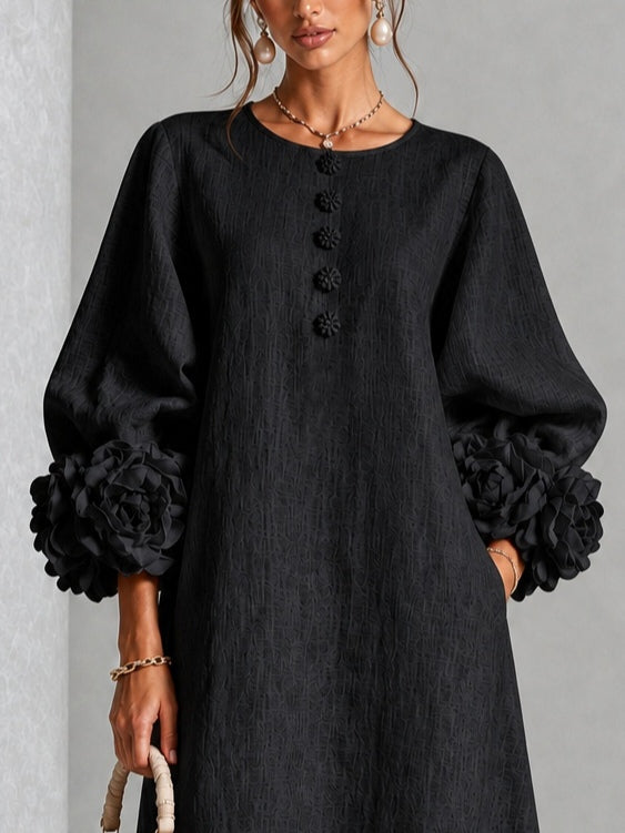 Robe Midi à Fleurs Noires avec Manches à Fleurs Étonnantes
