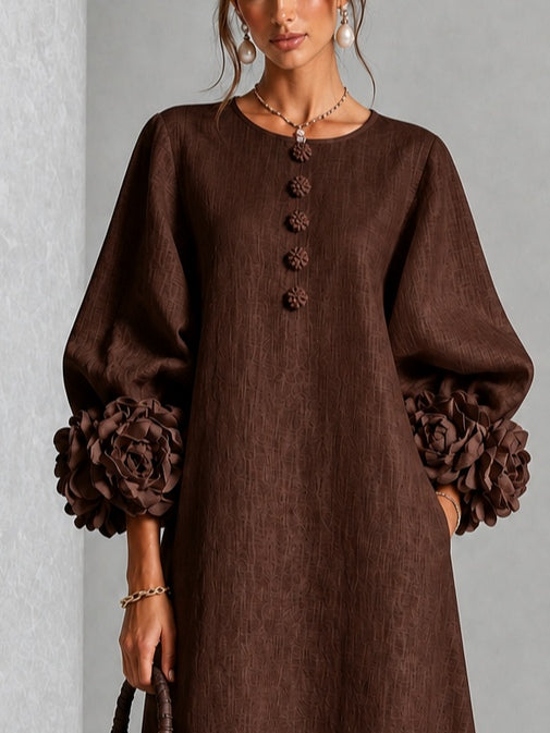 Robe Midi Chocolat Brun avec Manches à Fleurs Étonnantes