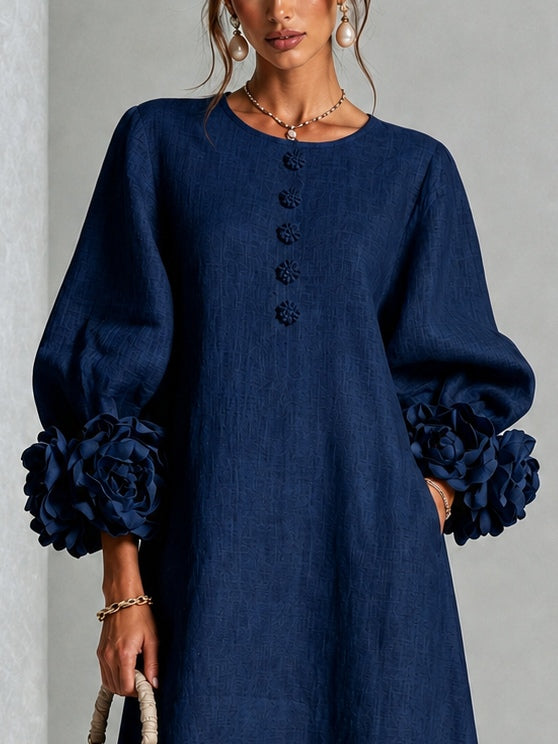 Robe Midi Boutonnée Bleu Marine avec Manches à Fleurs Étonnantes