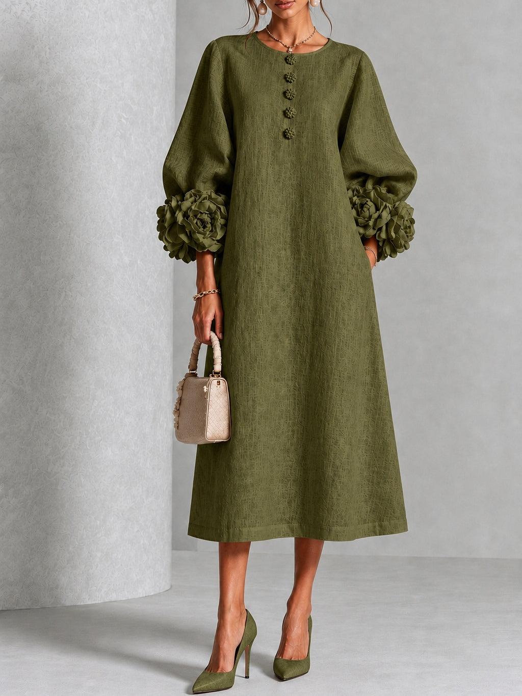 Robe Midi Vert Olive avec Manches Fleuries Étonnantes