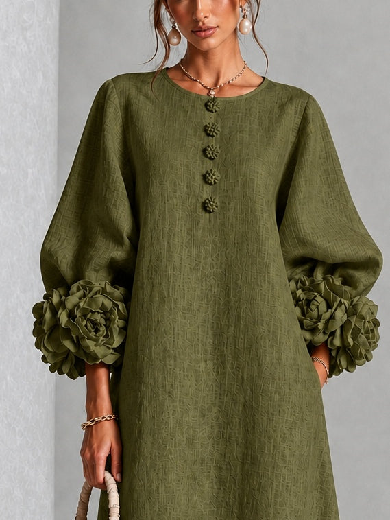 Robe Midi Vert Olive avec Manches Fleuries Étonnantes