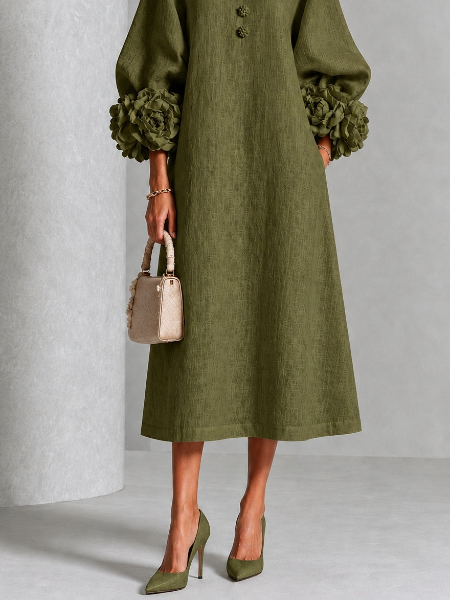 Robe Midi Vert Olive avec Manches Fleuries Étonnantes
