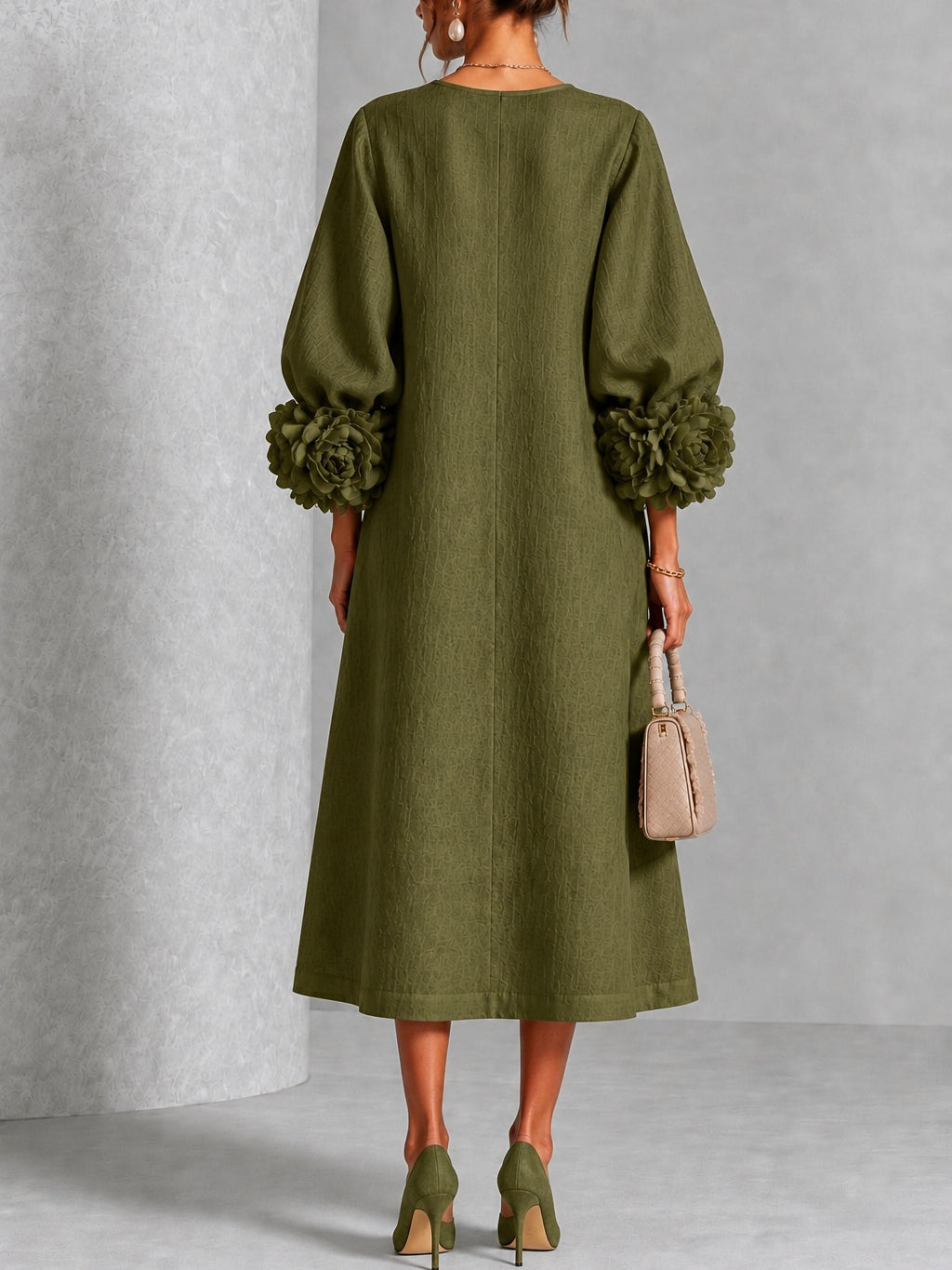 Robe Midi Vert Olive avec Manches Fleuries Étonnantes