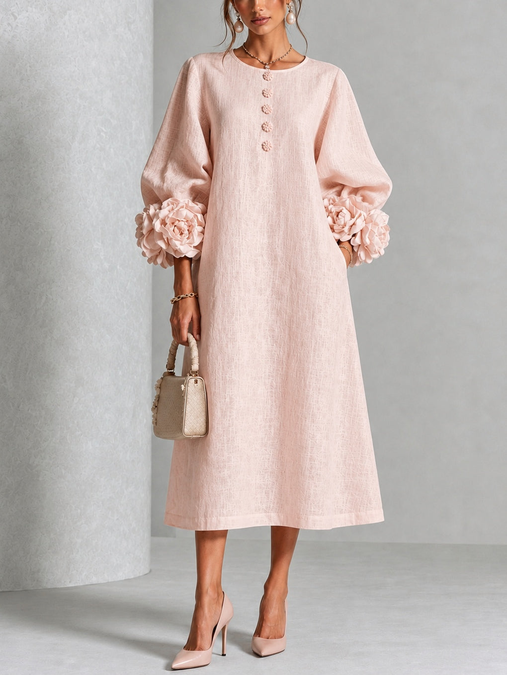 Robe Midi à Fleurs Roses avec Manches à Fleurs Étonnantes