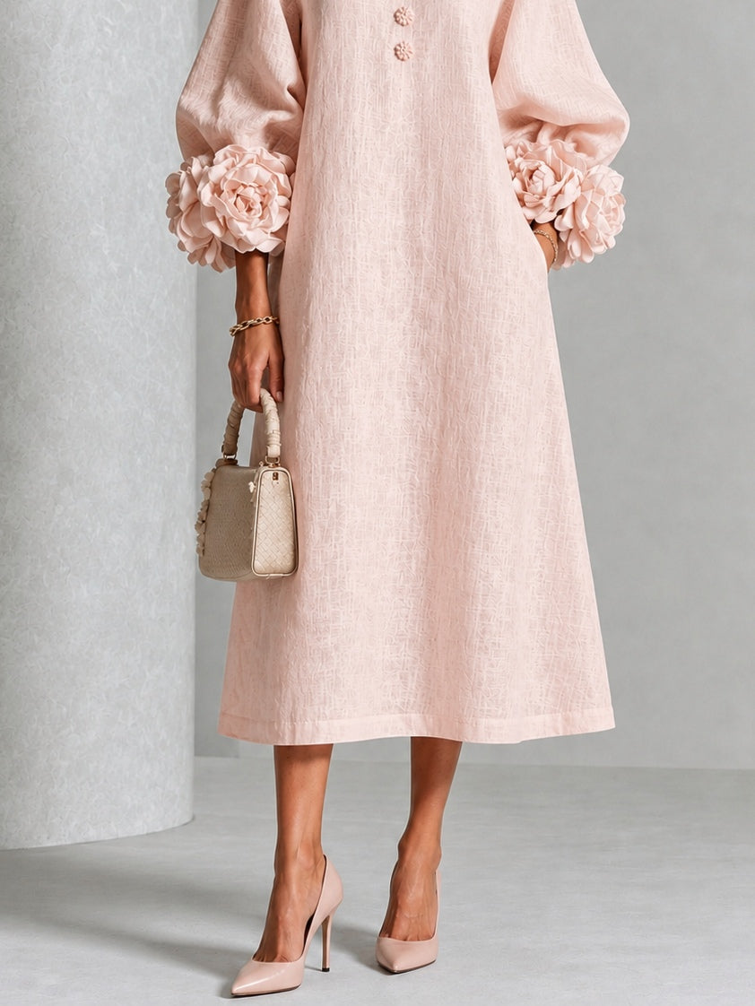 Robe Midi à Fleurs Roses avec Manches à Fleurs Étonnantes