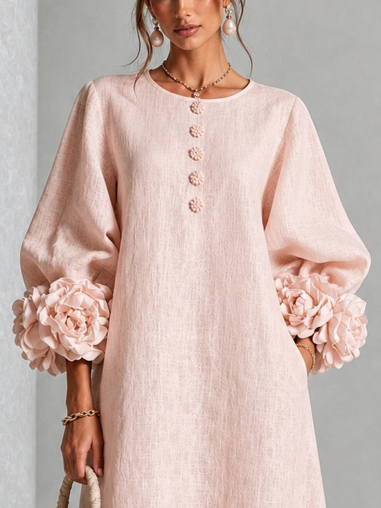 Robe Midi à Fleurs Roses avec Manches à Fleurs Étonnantes